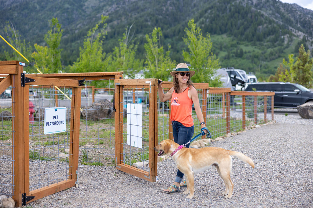 A girl in an orange top leads a yellow lab into a dog park.